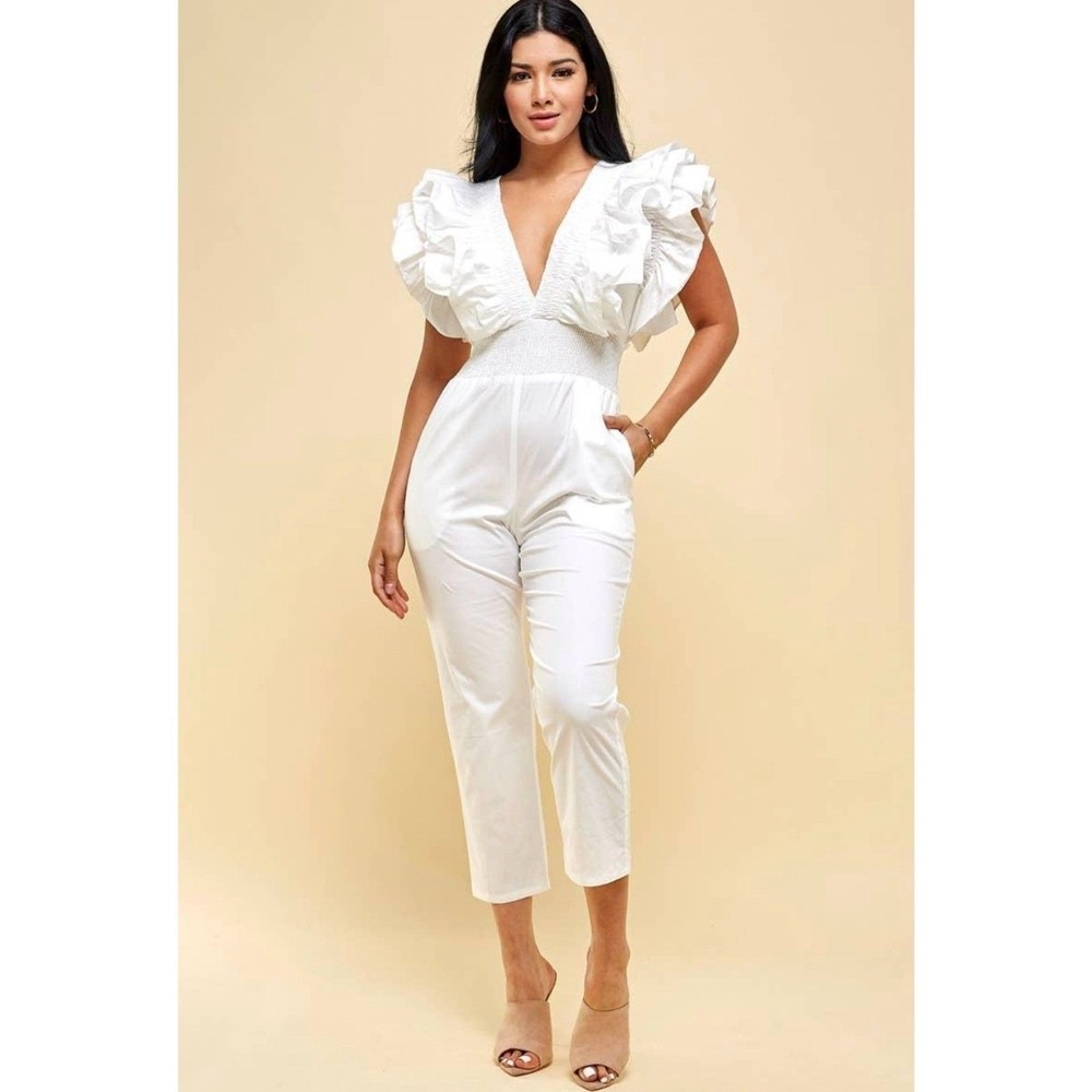 White Ruffled Sleeve Jumpsuit Summer Medium‎